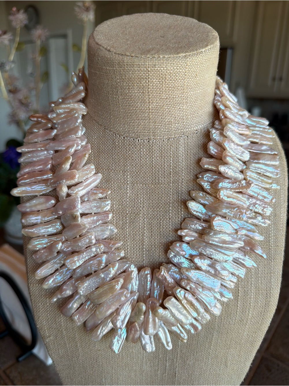 Multistrand Freshwater Biwa Pearl Necklace in Peachy Pink